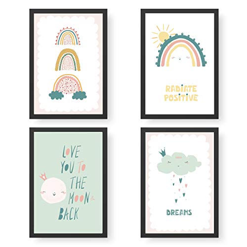 Papierdrachen 4 Kinder Premium Poster DIN A4 | Wandbilder für Kinderzimmer - Regenbogen - hochwertige Kunstdrucke | Dekoration | Wandbild Set von Papierdrachen