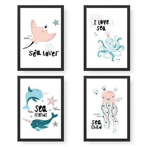 Papierdrachen 4 Kinder Premium Poster DIN A4 | Wandbilder für Kinderzimmer - Unter Wasser Tiere - hochwertige Kunstdrucke | Dekoration | Wandbild Set von Papierdrachen