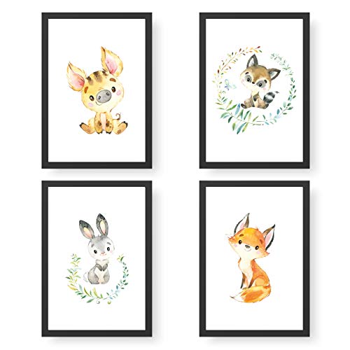 Papierdrachen 4 Kinder Premium Poster DIN A4 | Wandbilder für Kinderzimmer - Woodland Animals - hochwertige Kunstdrucke | Dekoration | Wandbild Set von Papierdrachen