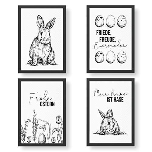 Papierdrachen 4 Premium Poster zu Ostern | DIN A4 | Wandbilder für Wohnzimmer und Küche - Schwarz-Weiß - hochwertige Kunstdrucke | Dekoration | Wandbild Set von Papierdrachen