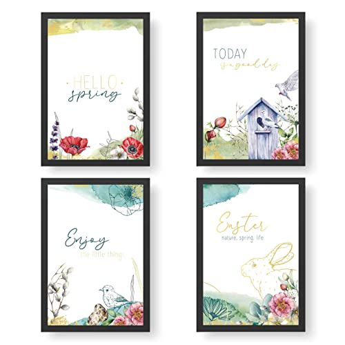 Papierdrachen 4 Premium Poster zu Ostern | DIN A4 | Wandbilder für Wohnzimmer und Küche - Wasserfarben mit Goldfolierung - hochwertige Kunstdrucke | Dekoration | Wandbild Set von Papierdrachen