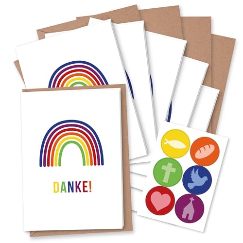 Papierdrachen 6 Dankeskarten für christliche Feste wie Taufe, Kommunion, Konfirmation, Firmung - Motiv Regenbogen - Klappkarten mit Umschlag und passenden Stickern- DIN A6 - Set 7 von Papierdrachen