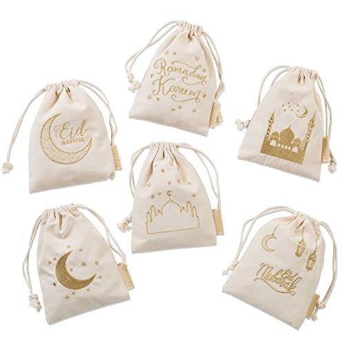 Papierdrachen 6 Geschenksäckchen zu Ramadan - aus Baumwolle - wunderschön und hochwertig gold bedruckt - ideal zum Verpacken von Geschenken - Größe 13x18 cm mit Zugband Set 1 von Papierdrachen