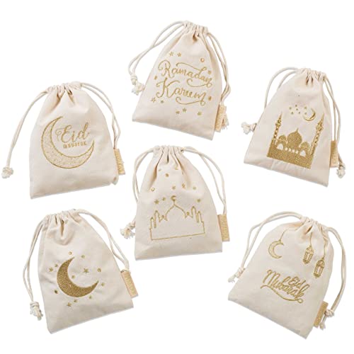 Papierdrachen 6 Geschenksäckchen zu Ramadan - aus Baumwolle - wunderschön und hochwertig Gold Bedruckt - ideal zum Verpacken von Geschenken - Größe 13x18 cm mit Zugband Set 1 von Papierdrachen