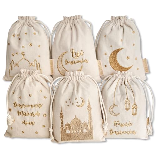 Papierdrachen 6 Geschenksäckchen zum Befüllen und Verschenken zum Zuckerfest - beige farbene Säckchen mit goldener Bestickung - in Größe 13x18cm - einzigartige Geschenkidee - Set 10 von Papierdrachen