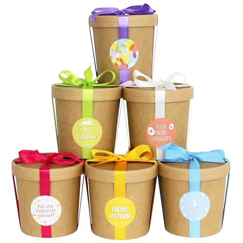 Papierdrachen 6 dekorative Osternester zum Befüllen - Naturbraune Becher mit Deckeln und buntem Satinband - Komplettset aus Pappe - Osterdeko mit Aufklebern - Osterkörbchen als Box von Papierdrachen