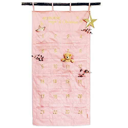 Papierdrachen Adventskalender 2023 als Wandkalender aus Stoff zum Befüllen - rosa & gold - hochwertig bestickt - Stoffbeutel - Geschenksäckchen - wiederverwendbar - Set Nr 33 von Papierdrachen