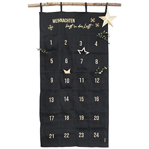 Papierdrachen Adventskalender 2023 als Wandkalender aus Stoff zum Befüllen - schwarz & gold - hochwertig bestickt - Stoffbeutel - Geschenksäckchen - wiederverwendbar - Set Nr 32 von Papierdrachen