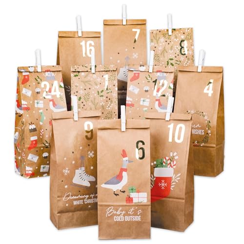 Papierdrachen Adventskalender 2024 zum Befüllen - 24 braune, nachhaltige Geschenktüten mit Zahlenaufklebern & Klammern - Weihnachtsmotiv - DIY Bastelset für Weihnachten Papierdrachen Adventskalender 2024 zum Befüllen - 24 braune, nachhaltige Geschenktüten mit Zahlenaufklebern & Klammern - Weihnachtsmotiv - DIY Bastelset für Weihnachten von Papierdrachen