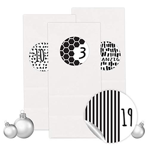 Papierdrachen Adventskalender Set - 24 weiße Papiertüten mit 24 schwarz-weißen Zahlenaufklebern - zum Selbermachen - Adventskalender zum Befüllen - Mini Set 4 von Papierdrachen