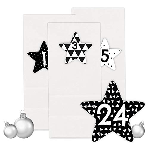 Papierdrachen Adventskalender Set - 24 weiße Tüten mit 24 schwarz weißen Zahlenaufklebern - zum Selbermachen - Adventskalender zum Befüllen - Mini Set 40 von Papierdrachen