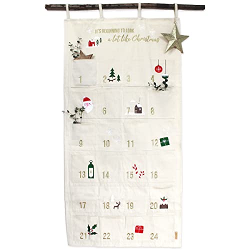 Papierdrachen Adventskalender als Wandkalender aus Stoff zum Befüllen - beige & gold - hochwertig bestickt - Stoffbeutel - Geschenksäckchen - wiederverwendbar - Set Nr 34 von Papierdrachen