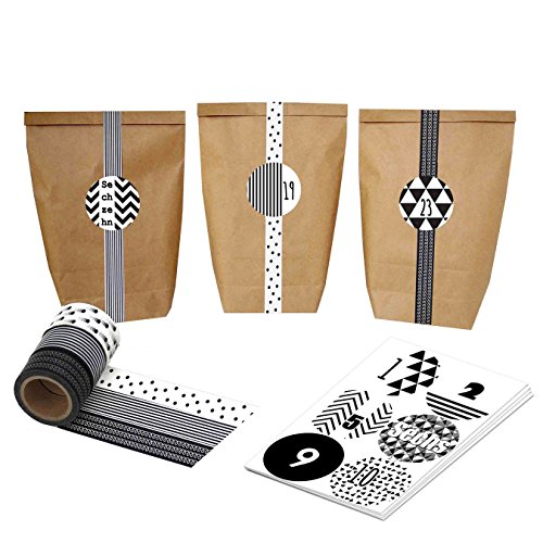 Papierdrachen Adventskalender mit WashiTape - zum selber basteln und befüllen - schwarz weiß - mit 24 Zahlenaufklebern und Papiertüten - Set 4 von Papierdrachen