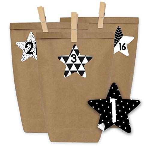 Papierdrachen Adventskalender zum Befüllen - 24 Geschenktüten und 24 Zahlenaufkleber und Klammern - Motiv Schwarze Sterne - zum Befüllen und Basteln - Weihnachten - Mini Set Nr 40 von Papierdrachen