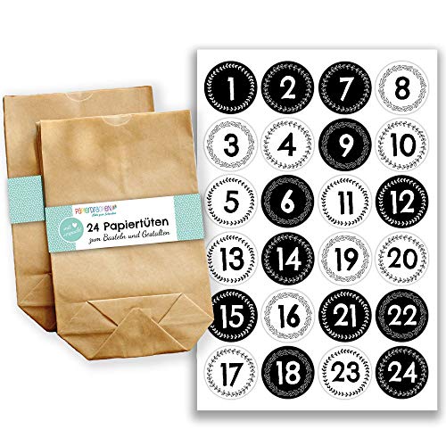 Papierdrachen Adventskalender zum Befüllen - 24 braune Papiertüten und 24 schwarz-weiße Zahlenaufkleber - zum Selbermachen und Befüllen - Mini Set Nr 41 - Weihnachten von Papierdrachen