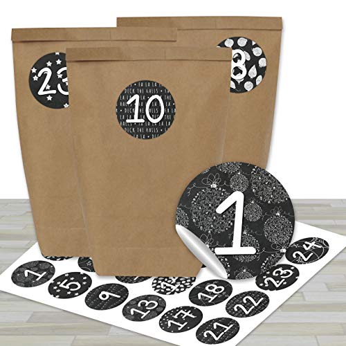 Papierdrachen Adventskalender zum Befüllen - mit 24 braunen Papiertüten und 24 schwarz-weißen Aufklebern - zum Selbermachen und Basteln - Mini Set Nr 16 - Weihnachtskalender für Kinder von Papierdrachen