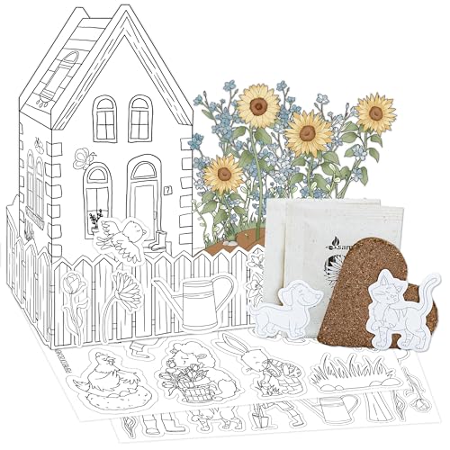 Papierdrachen DIY-Anzuchtset Frühlingsgarten – zum Bemalen – Sonnenblumen & Vergissmeinnicht – nachhaltiges Geschenk – Gartenhaus mit Cutouts & torffreier Anzuchterde von Papierdrachen