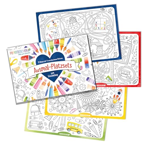Papierdrachen Ausmal - Platz-Sets zum Schulanfang - 12 Bögen mit 4 verschiedenen Motiven - aus hochwertigem Papier - Aquarell - Set 1 von Papierdrachen