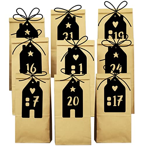 Papierdrachen DIY Adventskalender 2023 zum Befüllen - 24 braune Geschenktüten und 24 schwarzen Etiketten - Motiv Häuser - zum Basteln und Verschenken - Set 2 von Papierdrachen