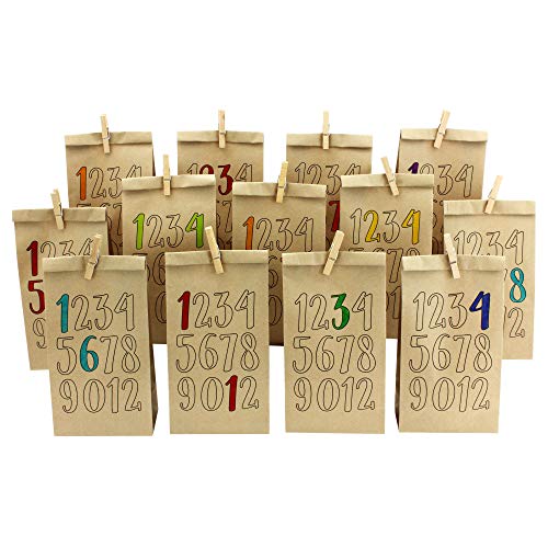 Papierdrachen DIY Adventskalender Kraftpapier Set - Zahlen zum Ausmalen - mit 24 braunen bedruckten Papiertüten zum Ausmalen und selbst Befüllen - Weihnachten von Papierdrachen