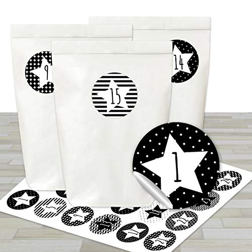 Papierdrachen - DIY Adventskalender Set - 24 weiße Geschenktüten und 24 schwarz-weiße Zahlenaufkleber - zum selber Machen und befüllen von Papierdrachen