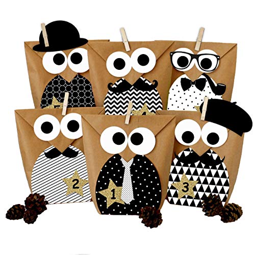 Papierdrachen DIY Adventskalender zum Befüllen - Weihnachtseulen - Eulen Weihnachten - Set Schwarz weiß Gentlemen Edition - zum selbst basteln - als Geschenk für den Freund oder Ehemann von Papierdrachen