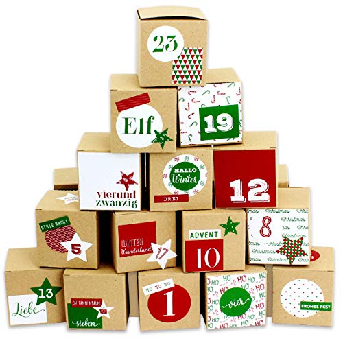 Papierdrachen DIY Adventskalender zum Befüllen - 24 Kisten zum Basteln - Motiv Rot-grün - 24 naturbraune Schachteln aus 400g/m²-Karton zum Aufstellen und Dekorieren - 24 Boxen - Weihnachten von Papierdrachen