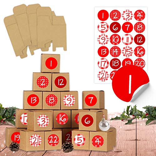 Papierdrachen DIY Adventskalender zum Befüllen - 24 Kisten zum Basteln - Rot - 24 naturbraune Schachteln aus 400g/m²-Karton zum Aufstellen und Dekorieren - 24 Boxen - Weihnachten von Papierdrachen