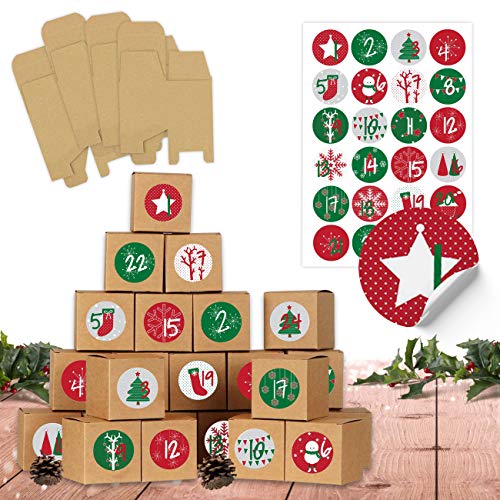 Papierdrachen DIY Adventskalender zum Befüllen - 24 Kisten zum Basteln - Rot grün - 24 naturbraune Schachteln aus 400g/m²-Karton zum Aufstellen und Dekorieren - 24 Boxen - Weihnachten von Papierdrachen