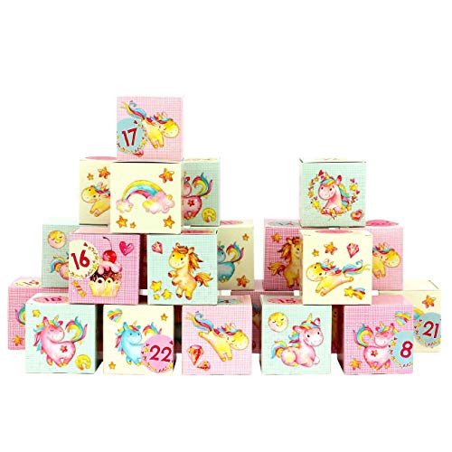 Papierdrachen DIY Adventskalender zum Befüllen - Kisten Set - Motiv bunte Einhörner in rosa - 24 bunte Schachteln aus Karton zum Aufstellen und zum Befüllen - 24 Boxen - Weihnachten von Papierdrachen