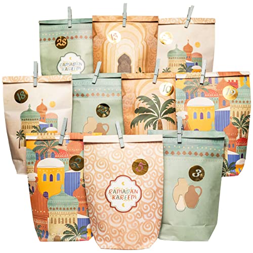Papierdrachen DIY Ramadan Kalender zum Befüllen - für Kinder und Erwachsene - Bedruckte Kraftpapiertüten in Salbei - zum Aufstellen und Dekorieren - Eid Mubarak - wiederverwendbar - Set 6 von Papierdrachen