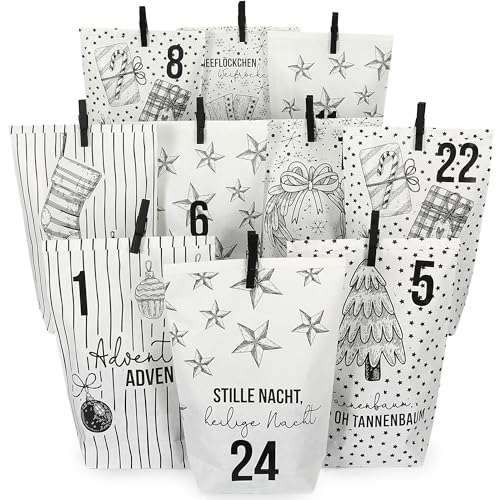 Papierdrachen Extravaganter Adventskalender zum Befüllen - mit 24 weißen Geschenktüten und 24 Zahlenaufklebern - Motiv Christmas Set 15 - zum Basteln und Verschenken - Weihnachten & Advent von Papierdrachen