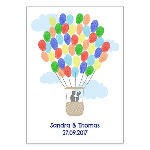 Papierdrachen Fingerabdruck Gästebuch für Deine Hochzeit - DIN A4 Hochzeitspaar im Ballon - personalisiert mit Namen und Datum - inklusive Stempelkissen von Papierdrachen