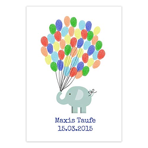 Papierdrachen Fingerabdruck Gästebuch für Jungen - DIN A4 Elefant blau - personalisiert mit Namen, Datum und Taufspruch für Deine Taufe, Geburtstagsfeier und Babyparty - inklusive Stempelkissen von Papierdrachen