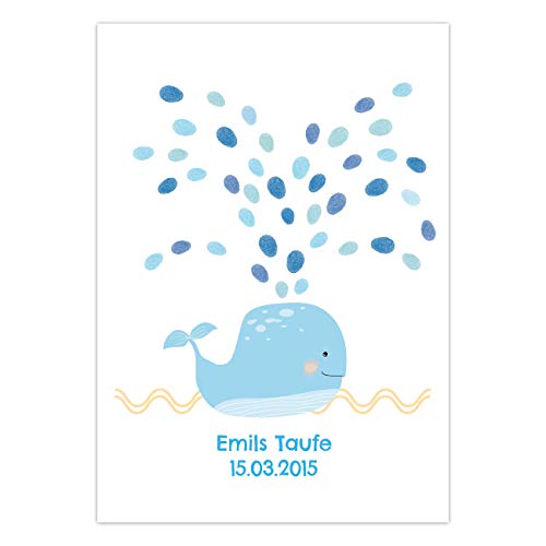 Papierdrachen Fingerabdruck Gästebuch für Jungen - DIN A4 Walfisch blau - personalisiert mit Namen, Datum und Taufspruch für Deine Taufe, Geburtstagsfeier und Babyparty - inklusive Stempelkissen von Papierdrachen