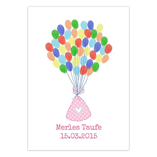 Papierdrachen Fingerabdruck Gästebuch für Mädchen - DIN A4 Ballons rosa - personalisiert mit Namen, Datum und Taufspruch für Deine Taufe, Geburtstagsfeier und Babyparty - inklusive Stempelkissen von Papierdrachen