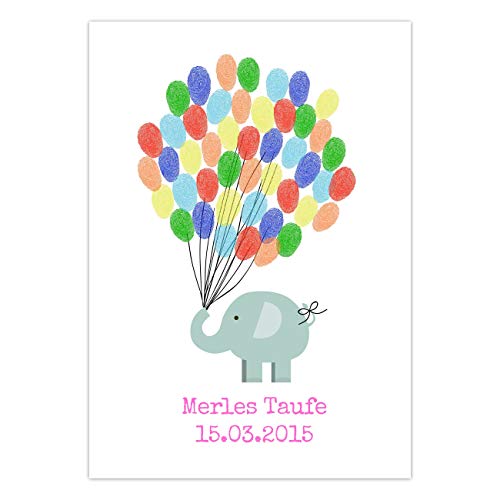 Papierdrachen Fingerabdruck Gästebuch für Mädchen - DIN A4 Elefant rosa - personalisiert mit Namen, Datum und Taufspruch für Deine Taufe, Geburtstagsfeier und Babyparty - inklusive Stempelkissen von Papierdrachen