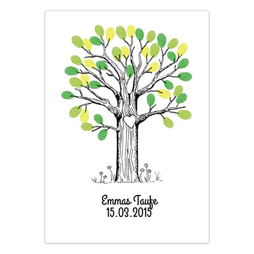 Papierdrachen Fingerabdruck Gästebuch - personalisierter Baum für Deine Hochzeit DIN A4 - mit Stempelkissen - individuell - Wedding Tree - Motiv mittlerer Baum schwarzweiss von Papierdrachen