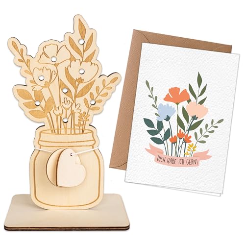 Papierdrachen Holzaufsteller Blumenvase mit Postkarte & Umschlag - Holz - leicht & langlebig - vielseitige Anwendung - Muttertag - Geburtstag - Geschenkidee - wiederverwendbar von Papierdrachen