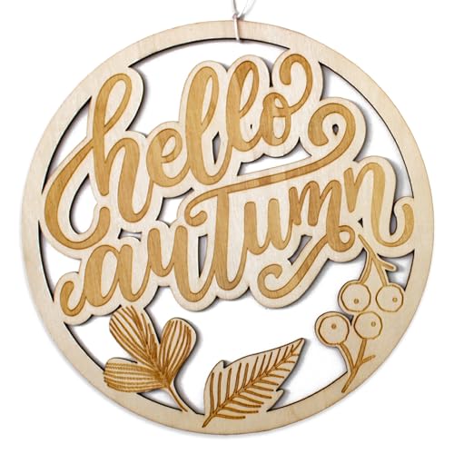 Papierdrachen Holzcutout Herbst Ring mit dem Schriftzug “Hello Autumn” aus Pappelholz - Herbstdeko zum Aufhängen - Maße 22 x 22 cm - inkl. Schnur - Set 01 von Papierdrachen