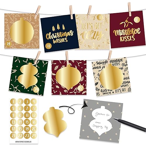 Papierdrachen Individueller Adventskalender mit Rubbelkarten 12x12cm - 24 Karten zum Personalisieren, Zahlenaufkleber (gold), Kordel und Holzklammern zum Aufhängen - Christmas Patterns - Set 03 von Papierdrachen