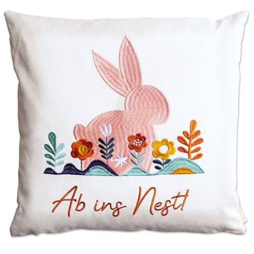 Papierdrachen Kissenbezug für Oster-Dekoration in Boho-Style - mit dem Spruch Ab ins Nest - Osterkissen in Grösse 40x40cm - saisonale Wohnzimmer-Deko Set 2 von Papierdrachen