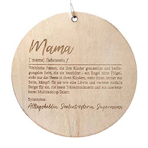 Papierdrachen Rundes Holzhängeschild mit Gravur Mama und der Definition und Synonymen - in Grösse 22x22x0.8cm - originelles Muttertagsgeschenk von Papierdrachen