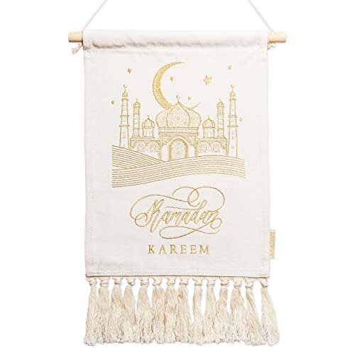 Papierdrachen Ramadan Wandbehang als dekorativer Hingucker - beige & gold - Wandteppich hochwertig bestickt - mit Holzstab - wiederverwendbar - Set 4 von Papierdrachen