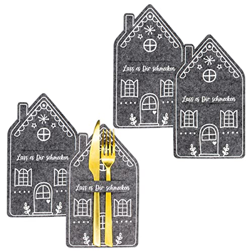 Papierdrachen Weihnachtdekoration Filz Besteckhalter - Motiv Lebkuchenhaus - in Farbe anthrazit mit hochwertiger Bedruckung - festliche Weihnachtsdekoration - Set 4 von Papierdrachen