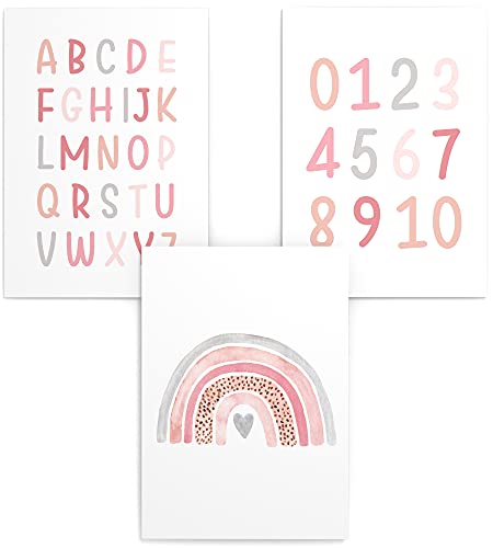 Papierschmiede® Kinderposter 3er Set Lernposter, DIN A3 (30x42 cm) Wanddeko, Geschenk für Mädchen Kinderzimmer Vorschule| Alphabet Buchstaben, ABC Zahlen Regenbogen rosa von Papierschmiede