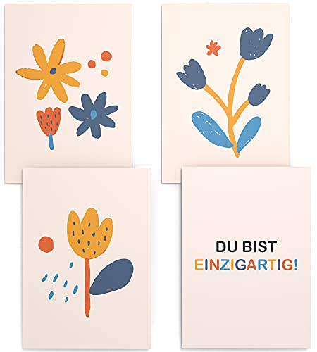 Papierschmiede® Kinderposter 4er Set, DIN A4 (21x30 cm) Wanddeko, Geschenk für Mädchen & Jungen Kinderzimmer Babyzimmer, Tulpen Sommerkind, Blumen Malerei von Papierschmiede