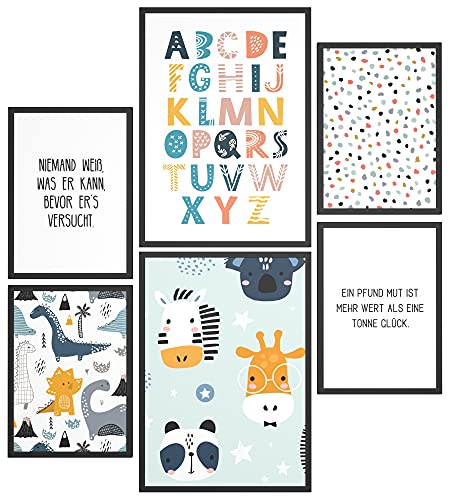 Papierschmiede® Bilder Kinderzimmer Kids Mood Poster Set ABC Dino Safari, Kinderzimmer Bilder Babyzimmer Deko, 2x DIN A3 und 4x DIN A4, Alphabet Tiere Lesen - Kinderposter ohne Rahmen von Papierschmiede