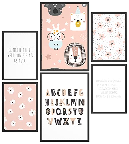 Papierschmiede® Bilder Kinderzimmer Kids Mood Poster Set ABC Rosa Tiere, Kinderzimmer Bilder Babyzimmer Deko, 2x DIN A3 und 4x DIN A4, Alphabet Rosa Blumen - Kinderposter ohne Rahmen von Papierschmiede