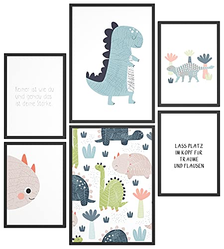 Papierschmiede® Bilder Kinderzimmer Kids Mood Poster Set Dino, Kinderzimmer Bilder Babyzimmer Deko, 2x DIN A3 und 4x DIN A4, Dinosaurier Urzeit Tyrannosaurus - Kinderposter ohne Rahmen von Papierschmiede